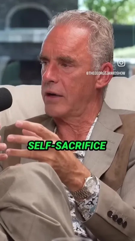 Vertical short of a man speaking outdoors in an interview, captioned 'SELF-SACRIFICE'.
